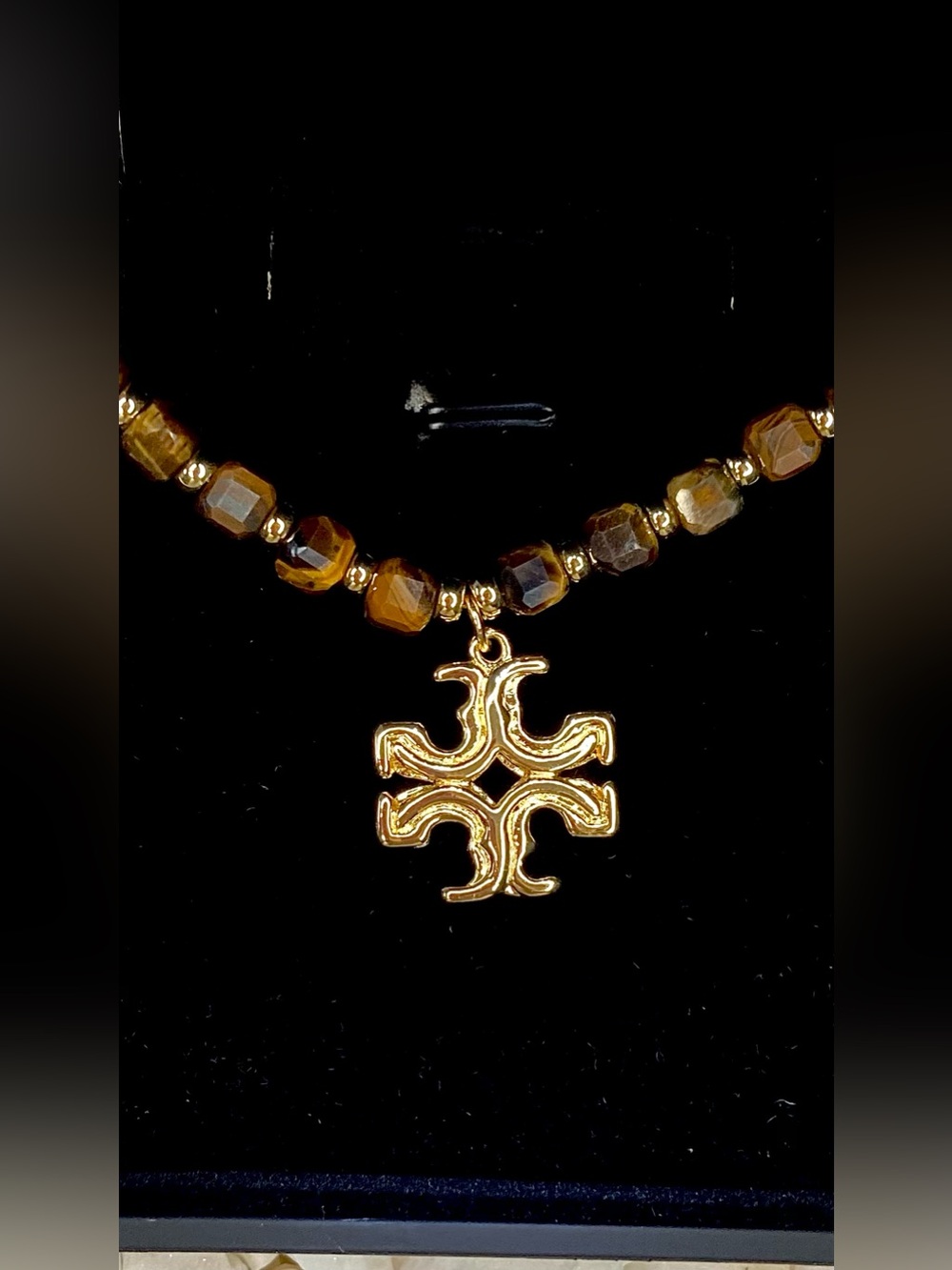 Tory Burch Tigers eye Brown Beaded Necklace with Gold Cross Pendant w light box - Picture 5 of 5